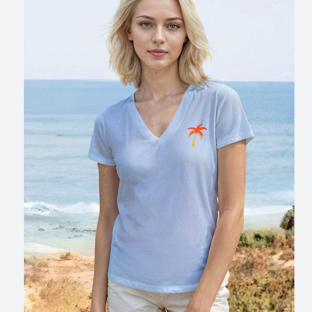 Sundry Sky Blue V-Neck Tee with Orange Palm Tree. Size XL NWT